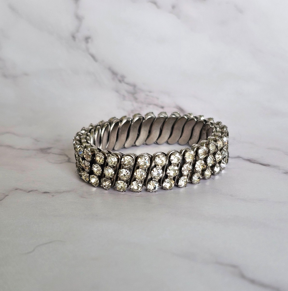 Vintage 1950s Triple Row Rhinestone Expansion Stretch Bracelet - Japan